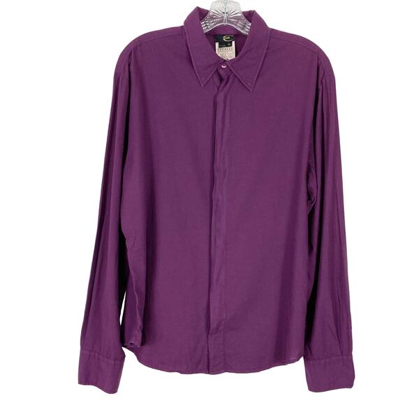 JUST CAVALLI Shirt XL ITALY Graphic Logo Pleat Purple Long Sleeve Button Cotton - Picture 2 of 10